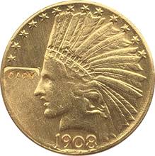 Banhado a ouro 24-K 10 1908-D $ OURO Indiano Metade Águia Coin Copy 2024 - compre barato