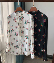 Elfstyle blusa estampada floral de manga comprida, camisa com recursos principais, pescoço com laços 2024 - compre barato