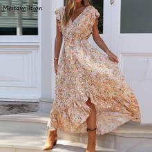 Vintage Floral Print Chiffon Long Dress 2020 Summer V-Neck Short Sleeve Sashes Maxi Dress Elegant High Waist Party Dresses 2024 - buy cheap