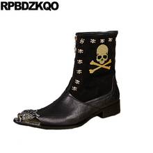 Pattern Full Grain Leather Ankle Embroidered Skull Italian Black Metalic Boots Designer Shoes Men High Quality Pointed Toe Suede 2024 - buy cheap
