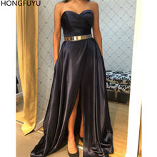HONGFUYU-Vestido largo de satén azul marino con bolsillos, traje Formal de fiesta, escote en forma de A, con bolsillos 2024 - compra barato