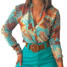 Рубашка в стиле ретро, Повседневная дышащая блузка на пуговицах с длинным рукавом и принтом, облегающая пикантная рубашка с V-образным вырезом и длинным рукавом, для путешествий 2024 - купить недорого