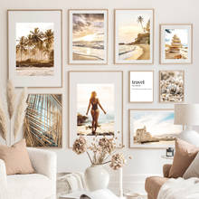 Wall Art Canvas Painting Sunny Beach Sea Wave Palm Leaf Stone Girl Nordic Posters And Prints Wall Pictures For Living Room Decor 2024 - buy cheap