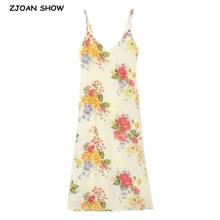 Vintage France Summer V neck Floral Print Spaghetti Strap Midi Dress Retro Sexy Women Hem Slit Sling Dresses Holiday 2024 - buy cheap