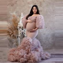 Элегантные платья для беременных с юбкой-годе для фотосессии большого размера съемные рукава с оборками эластичное Тюлевое расклешенное платье для беременных 2024 - купить недорого
