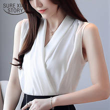 Women's Summer Blouses Sleeveless Chiffon Blouse Women V-neck Office Ladies White Blouse Spring New Womens Tops and Blouses 3534 2024 - buy cheap