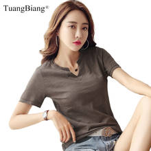 Short Sleeve Bamboo Cotton Women Summer T-Shirt Korean V-Neck Solid Color All-Match T Shirt Feminine Stylish Soft Navy Blue Tops 2024 - buy cheap