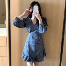 2021 New Women Summer Sexy Retro Short Wrap Dress Sashes V Neck Full Sleeve Fishtail Mini Ruffle Dresses 2024 - buy cheap