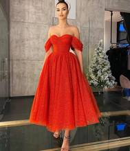 Elegante curto fora do ombro tule vermelho vestidos de noite glitter chá comprimento corset volta flowy formal vestidos de festa para mulher 2024 - compre barato