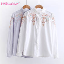 Landunshijia blusa feminina bordada com flores, blusa feminina elegante e atraente de algodão com gola em folha de lótus doce para mulheres 2020 2024 - compre barato
