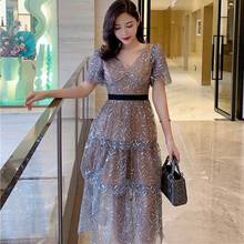 Luxuriy Beading Embroidery Summer Dresses Women Elegant Sexy Mesh Dress V-Neck Backless Short Sleeve Long Midi Dress 2022 2024 - buy cheap