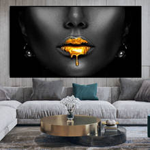 Cuadro de mujer negra africana con labios sexys dorados de gran tamaño, lienzo de pintura al óleo, cuadro artístico de pared, póster, decoración moderna del hogar 2024 - compra barato