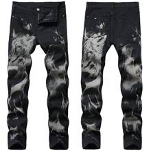 2020 novo estilo impresso calças de brim casuais dos homens da marca de moda jeans figura lobo impresso denim calças de lápis masculino preto 2024 - compre barato