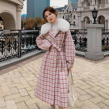 Winter 2020 Women Fashion Fur Collar Pink Plaid Long Wool Coat Female Korean Elegant Belted Blends Trench Overcoat 2024 - buy cheap