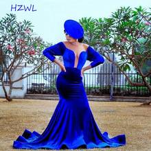 Aso ebi roya-vestido de baile de veludo azul, plus size, mangas compridas, decote puro, sereia, vestidos de noite, vestido sul-africano 2024 - compre barato