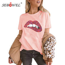 SEBOWEL New Fashion Female Sequin Lips Pattern O-neck Short sleeve T-shirt Tops for Woman Summer Casual Embroidery Patchwork Tee 2024 - buy cheap