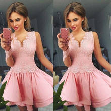 2020 Illusion Long Sleeve Stunning Pink Homecoming Dresses V-Neck Lace Applique A Line Short Prom Gown Party Dresses Cocktail 2024 - buy cheap