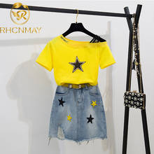 High Quality Summer Skirt Suits Women Yellow Sequined Stars Slash Neck T-shirt + Denims Embroidery Tassel Skirts Set 2024 - buy cheap