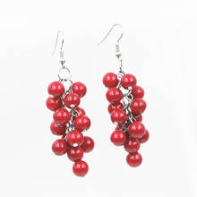 Pendientes colgantes largos para mujer y niña, aretes redondos de 8mm con borla de uva, Coral Artificial rojo, joyería Bohemia con gancho, A660 2024 - compra barato