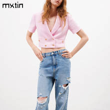 MXTIN 2021 Женская винтажная двубортная розовая твидовая короткая куртка, пальто, модная верхняя одежда с карманами, повседневные шикарные топы 2024 - купить недорого