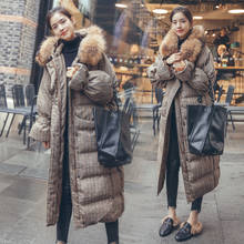 Winter Jacket Women Big Fur Collar Hooded Thick Down Parkas Warm Oversize Coat Vintage Plaid Winter Outerwear Female Long Jacket 2024 - buy cheap