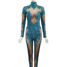 Fashion Sparkly Blue Rhinestones Jumpsuit Women Party Birthday Outfit Sexy Stretch Skinny Leggings Dance Costume Nightclub Wear 2024 - buy cheap