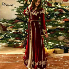 Burgundy Long Sleeve Muslim Evening Dress 2021 robe soiree Islamic Dubai Kaftan Evening Gowns Embroidery Lace Formal Prom Dress 2024 - buy cheap