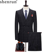 Shenrun Men Double Breasted Check Suit Slim Black 2 Pieces Jacket Pants Fashion Wedding Groom Suit Party Business Formal Casual 2024 - buy cheap