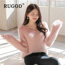 Rugod suéter feminino doce rosa, pulôver de malha feminino elegante com gola v e manga comprida, de caxemira, casual para primavera 2024 - compre barato
