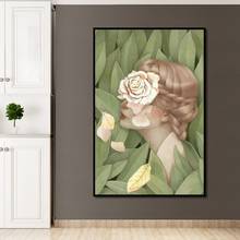 Póster de estilo verde nórdico para decoración del hogar, pintura en lienzo de chica bonita con hojas, arte impreso para pared, sala de estar y dormitorio 2024 - compra barato