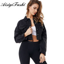 Jaqueta jeans feminina sem fio, casaco jeans preto vintage para mulheres, blusa curta de manga comprida 2024 - compre barato