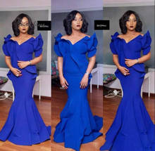 Royal Blue Mermaid Prom Dresses 2020 For African Black Girls Plus Size Long Evening Dress With Sleeves Ruffles Satin Cheap Gowns 2024 - buy cheap