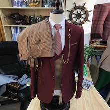 Traje de tres piezas para hombre, traje de esmoquin ajustado de color Burdeos para novio, chaqueta, chaleco y pantalones, 2020 2024 - compra barato