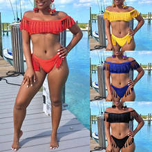 Bikini Sexy de Color sólido para mujer, traje de baño con hombros descubiertos, bragas, Conjunto Clásico de dos piezas 2024 - compra barato