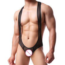 Bodysuits homens PU Couro Malha Transparente Erótico Macacões One Piece Sexy Gay Jockstrap Bunda Aberta Undershirts Singlets de Wrestling 2024 - compre barato