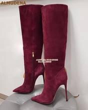 ALMUDENA Burgundy Coffee Suede Knee High Boots Elegant Stiletto Heel Pointy Toe Boots Fall Winter Long Dress Boots High Boots 2024 - buy cheap