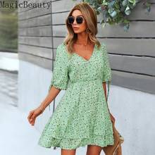 Sexy Women V Neck Summer Dress High Waist Short Sleeve Print Dress Female Mini Dress 2024 - buy cheap