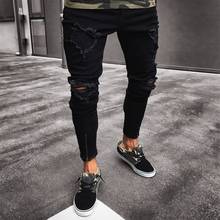 Новинка 2019, мужские брендовые черные джинсы, облегающие, рваные, стрейчевые, обтягивающие, в стиле хип-хоп, джинсы из хлопкового денима, штаны с дырками для мужчин 2024 - купить недорого