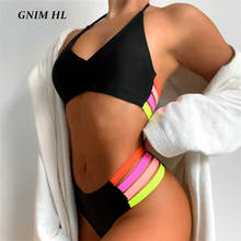 Bikini Bandage de retazos para Mujer, traje de baño de dos piezas con realce, estilo Halter, cintura alta, 2021 2024 - compra barato