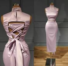 Vestido saudita curto de cetim rosa, decote alto, comprimento chá, espartilho, costas, vestido formal, vestido de festa para mulheres 2024 - compre barato