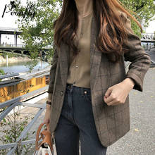 PEONFLY Spring Korean Vintage Plaid Blazers Women Fashion Loose Notched Single Button Blazer Female Casual Coat Blazer Feminino 2024 - buy cheap