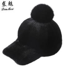 Female Real Fur Hat Sunproof Button Adjust Lined Patchwork With Fox Fur Ball Caps Winter Genuine Fur Mink Women's Cap 2024 - buy cheap