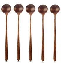 Long Spoons Wooden, 5 Pieces Korean Style 10.9 inches 100% Natural Wood Long Handle Round Spoons for Soup Cooking Mixing Stirr 2024 - buy cheap