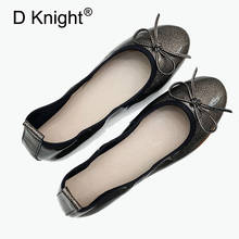 Zapatillas de Ballet de punta redonda con lazo para mujer, mocasines de piel auténtica, zapatos planos cómodos de charol suaves 2024 - compra barato