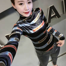 Harajuku Striped Velvet T Shirt Autumn Turtleneck Women Clothes Bottoming Pullovers Woman Tshirt Long Sleeve Top Female Tees 2024 - buy cheap