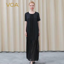 VOA Silk Elastic Twill Round Neck Short Sleeve Fold Bump Georgette Stitching Loose Ripe Female Black Dress for Women AE883 2024 - buy cheap