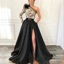 Fashion Black Satin Long Prom Dress One Shoulder Long Sleeve Muslim Arabic Evening Dresses Plus Size Women Party Gowns  vestidos 2024 - buy cheap