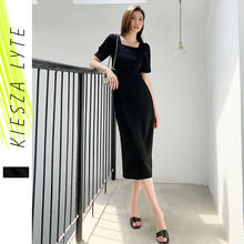 Black Dress Women's 2020 New Square Collar Puffed Sleeve  Solid Slim Summer Short Sleeve Dresses Vestido De Mujer Femme Robe 2024 - buy cheap