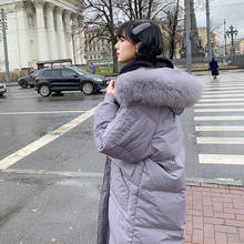 Jaqueta feminina parca roxa acima do joelho, casaco feminino longo inverno gola pele casaco algodão veste femme 2024 - compre barato