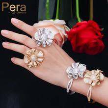 Pera pulseira de luxo em ouro amarelo brilhante zircônia cúbica grande formato de flor bracelete e anel para mulheres joias para festa de noivado z031 2024 - compre barato